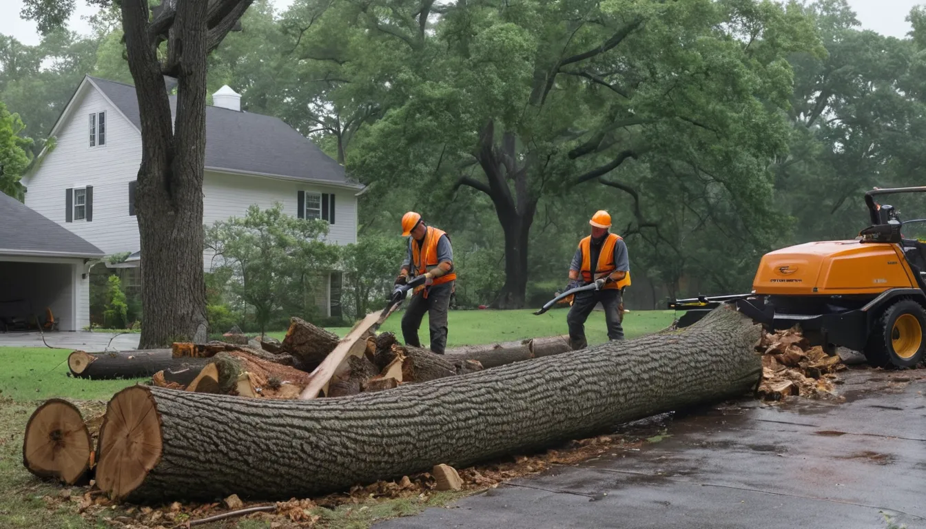 A local provider crew clearing a fallen tree from a house yard in Sugar Hill after a storm